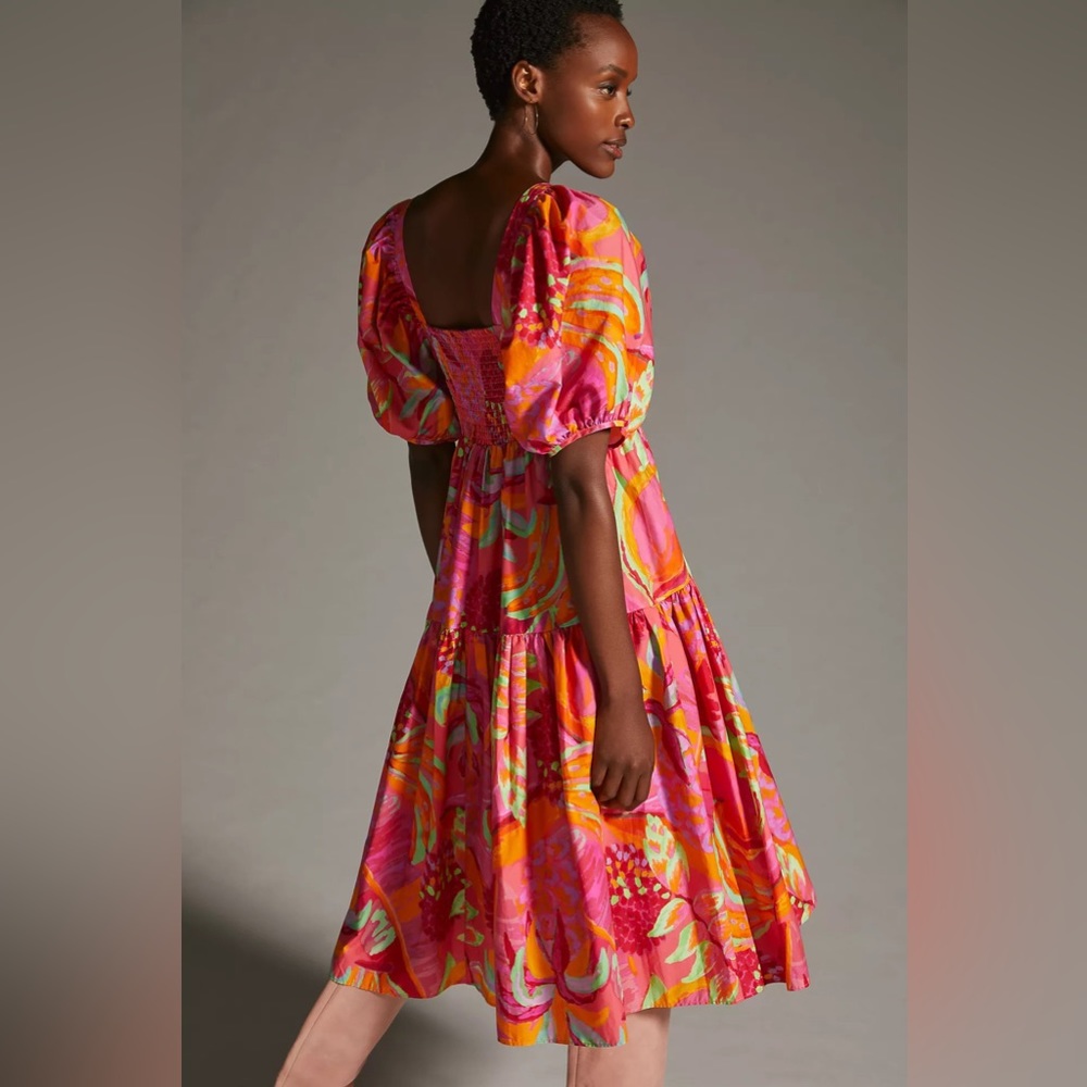 Farm Rio Tropical Colorful Puff-Sleeve Midi Dress